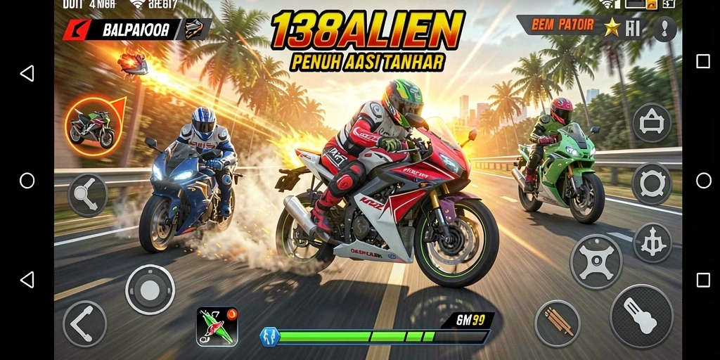 Tampilan gameplay 138ALIEN yang mendebarkan saat balapan motor.