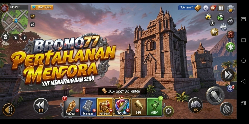 Screenshot BROMO77 menampilkan gameplay menara pertahanan yang intens.