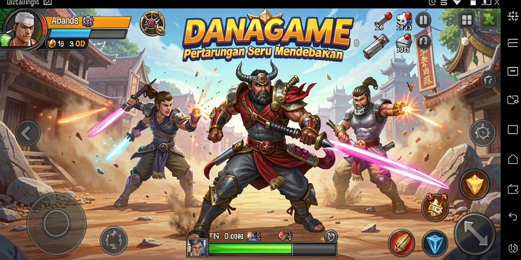 Screenshot utama DANAGAME menampilkan pertarungan intens antara dua karakter.