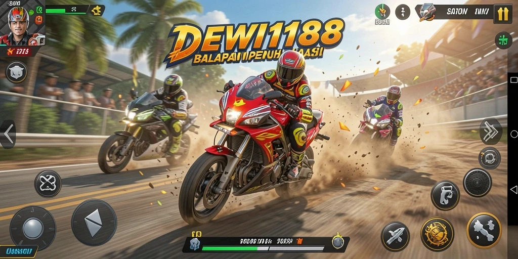 Screenshot gameplay DEWI188 yang menampilkan balapan motor penuh aksi.
