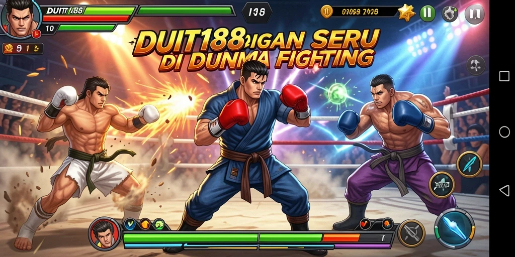 Tampilan aksi pertarungan seru di DUIT188 dengan karakter beragam.
