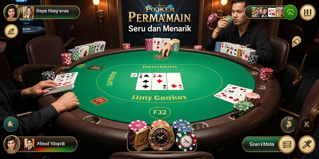 Tampilan screenshot utama F32 menunjukkan aksi seru permainan Poker.