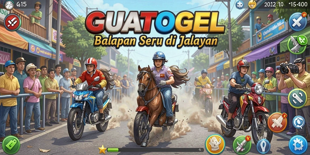 Tangkapan layar gameplay GUATOGEL yang menunjukkan balapan seru di jalanan.
