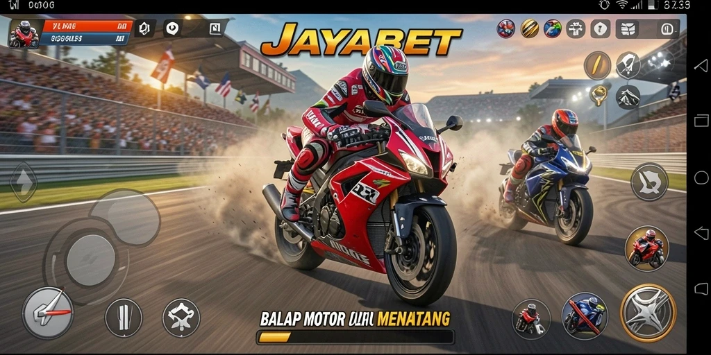 Screenshot gameplay JAYABET menampilkan balap motor yang seru dan mendebarkan.