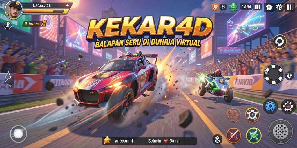 Screenshot gameplay <strong>KEKAR4D</strong> menunjukkan mobil balap melaju cepat di trek menantang.