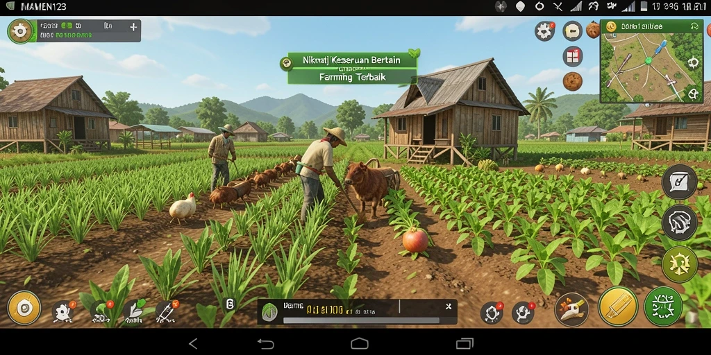 Tampilan gameplay MAMEN123 dengan kebun yang indah dan hewan ternak.