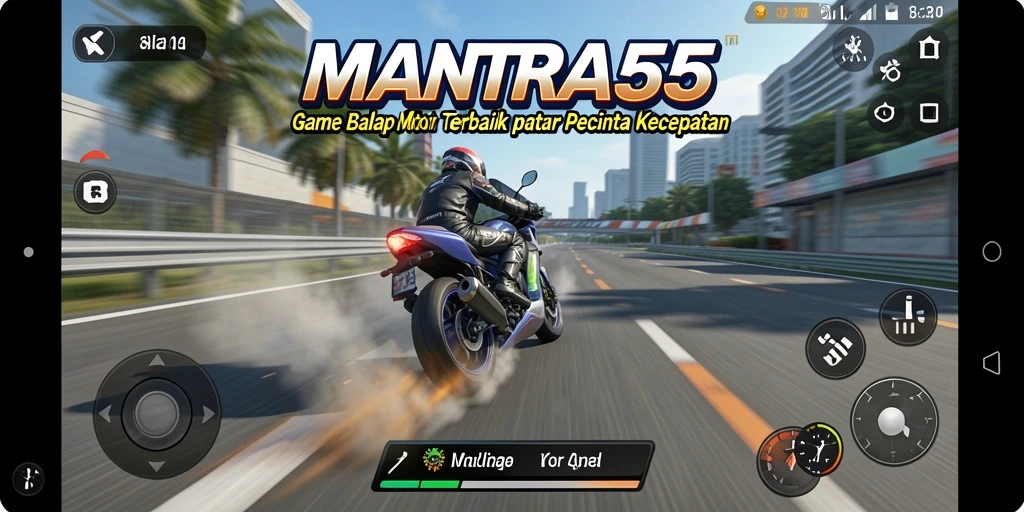 Tampilan gameplay <strong>MANTRA55</strong> yang penuh aksi di lintasan balap.