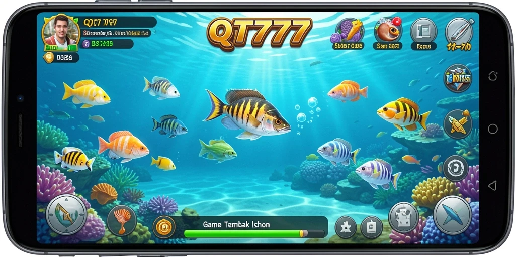 Screenshot menunjukkan pemain menangkap ikan dengan senjata di laut.