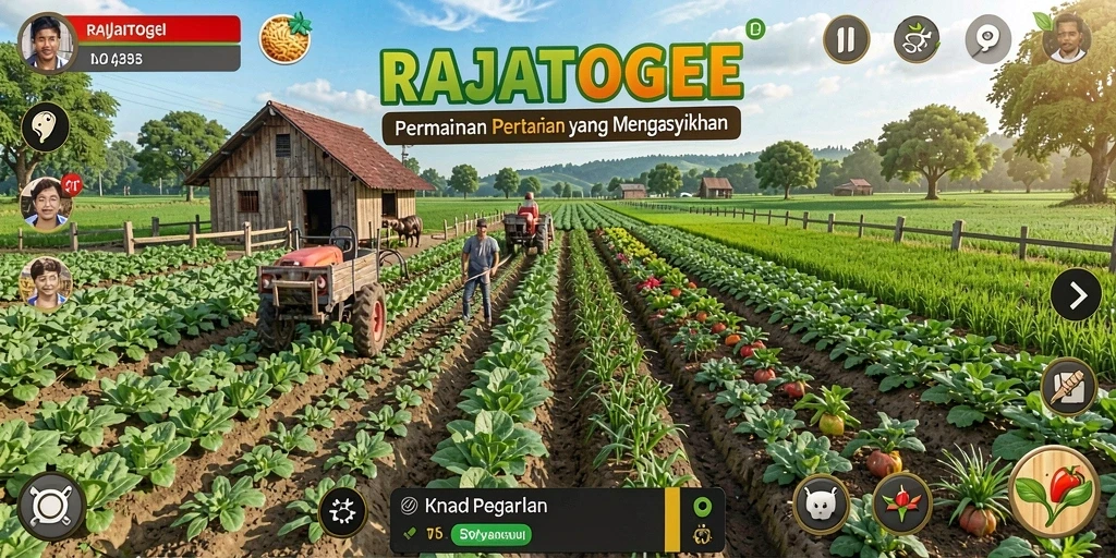 Tampilan menarik gameplay pertanian RAJATOGEL dengan berbagai tanaman.