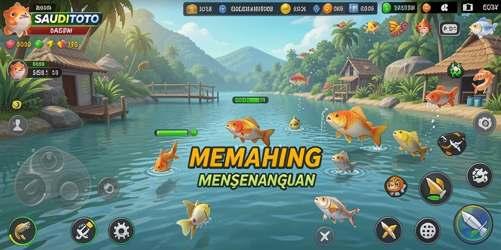 Tampilan screenshot <strong>SAUDITOTO</strong> saat menangkap ikan di danau yang indah.