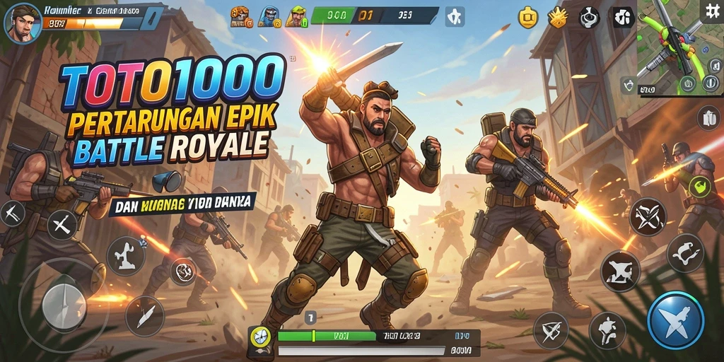 Tangkapan layar utama TOTO1000 menampilkan aksi pertempuran intens di arena Battle Royale.