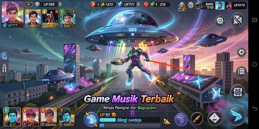 Screenshot UFO777 menampilkan gameplay yang penuh aksi musik.